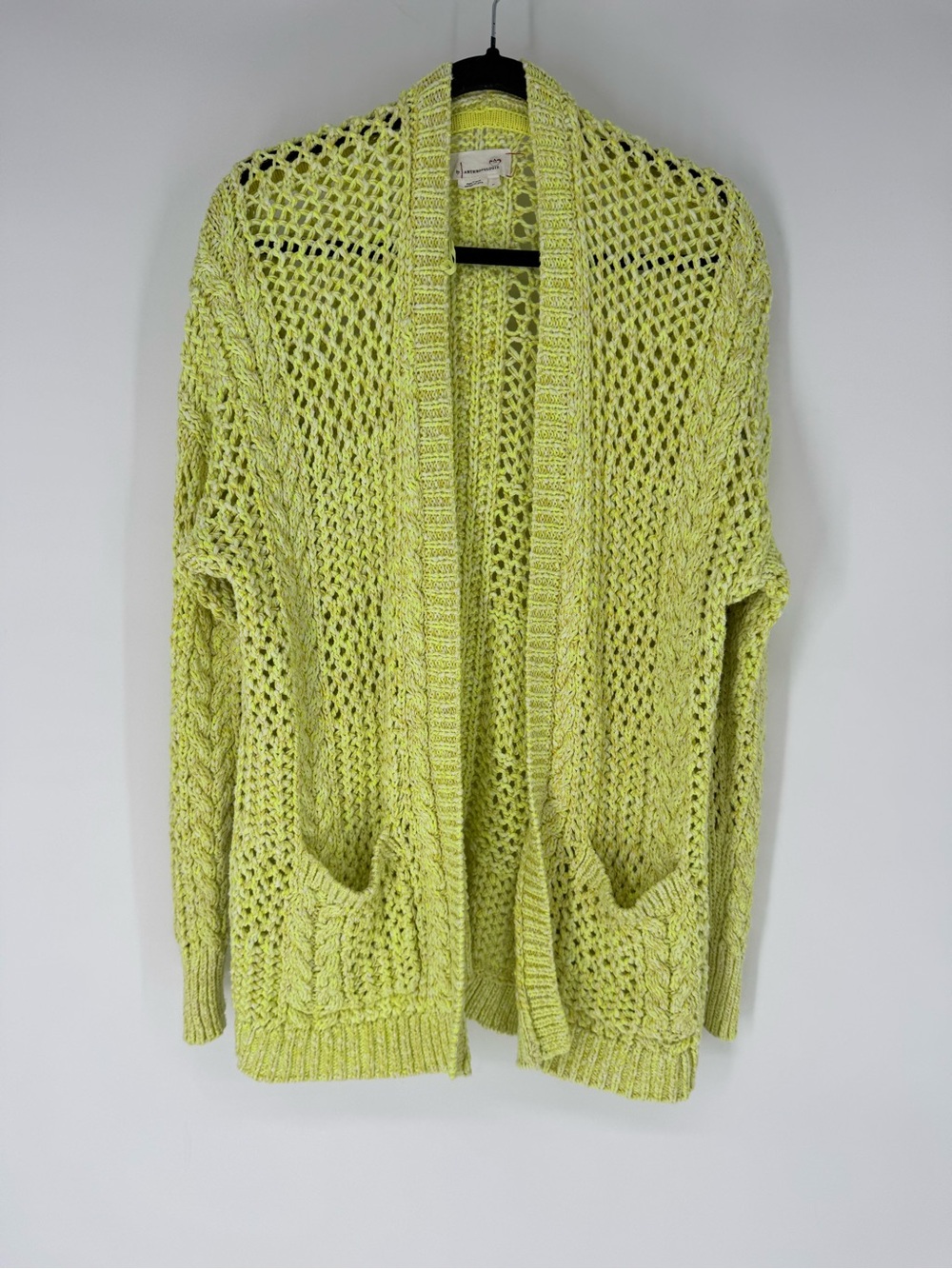 Anthropologie Open-Knit crochet Chartreuse Green Cardigan with Pockets
